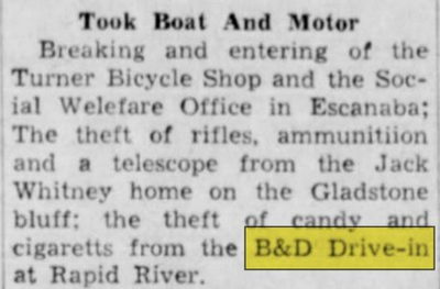 Aug 1955 article B & D Drive-In Theatre, Rapid River